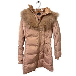 Guess Womens Pink Puffer Coat With Faux Fur Hood & Gold Zipper Closure Size Xs